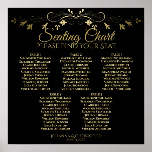 5 Table Elegant Gold  Black Wedding Seating Chart