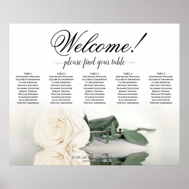 5 Table Elegant White Rose Wedding Seating Chart (Front)