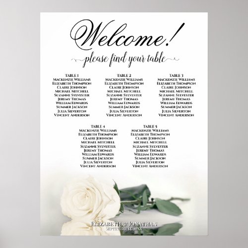 5 Table Elegant White Rose Wedding Seating Chart