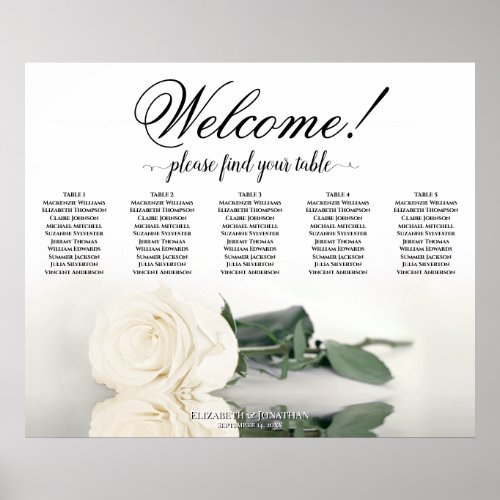 5 Table Elegant White Rose Wedding Seating Chart