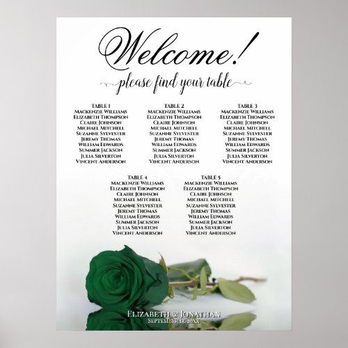 5 Table Emerald Green Rose Wedding Seating Chart