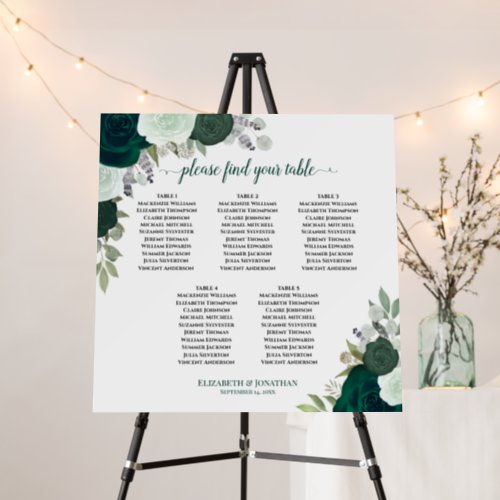 5 Table Emerald Green Roses Wedding Seating Chart Foam Board