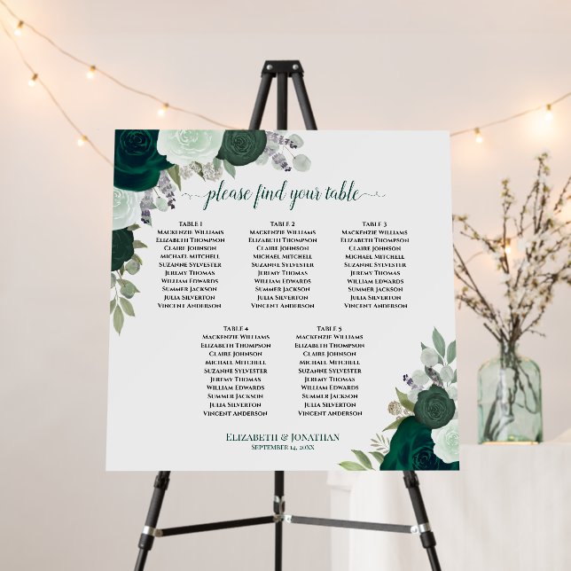 5 Table Emerald Green Roses Wedding Seating Chart Foam Board (In Situ (Stand))