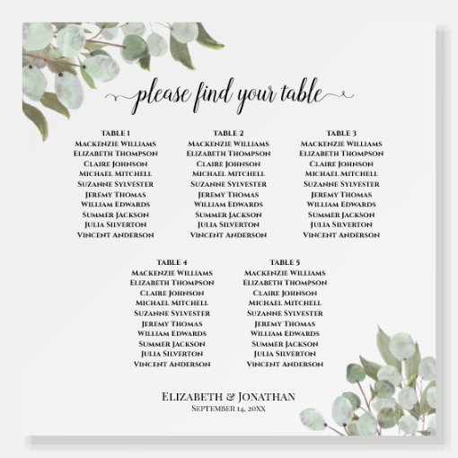 5 Table Eucalyptus Greenery Wedding Seating Chart Foam Board | Zazzle