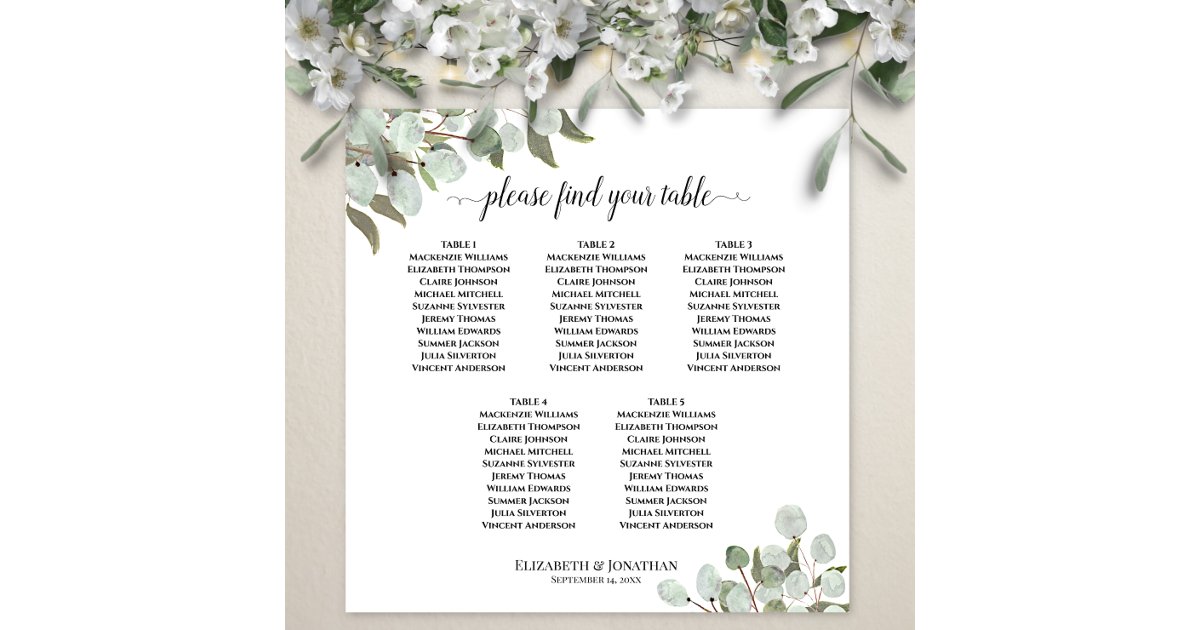 5 Table Eucalyptus Leaves Wedding Seating Chart | Zazzle