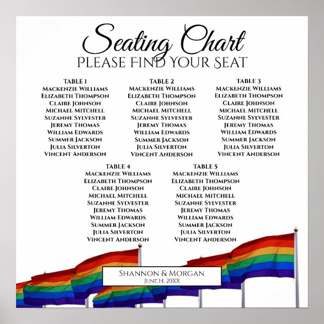 5 Table Gay Pride Flags Wedding Seating Chart (Front)