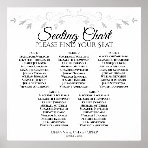 5 Table Lacy Silver Filigree Wedding Seating Chart