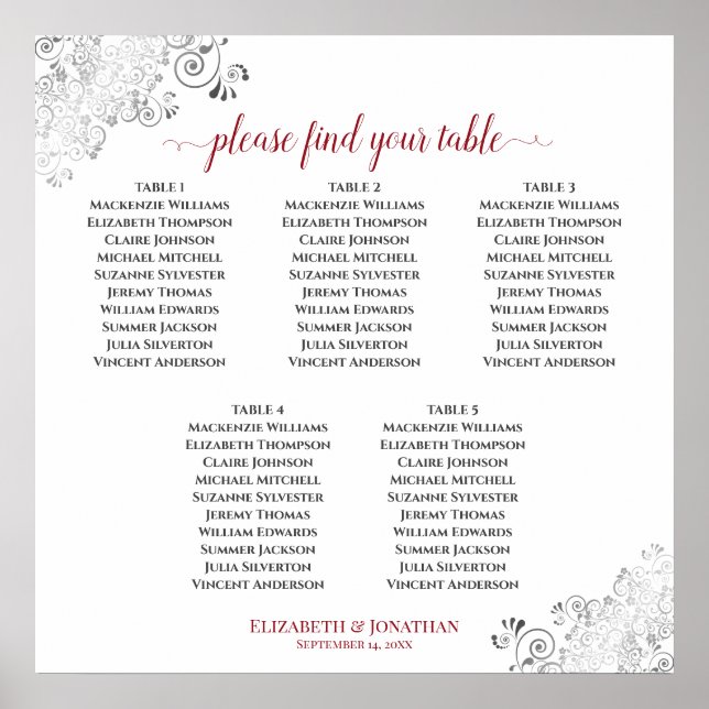 5 Table Lacy Wedding Seating Chart Red on White (Front)