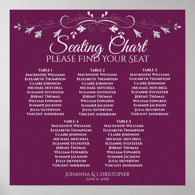 5 Table Magenta Plum Purple Wedding Seating Chart (Front)