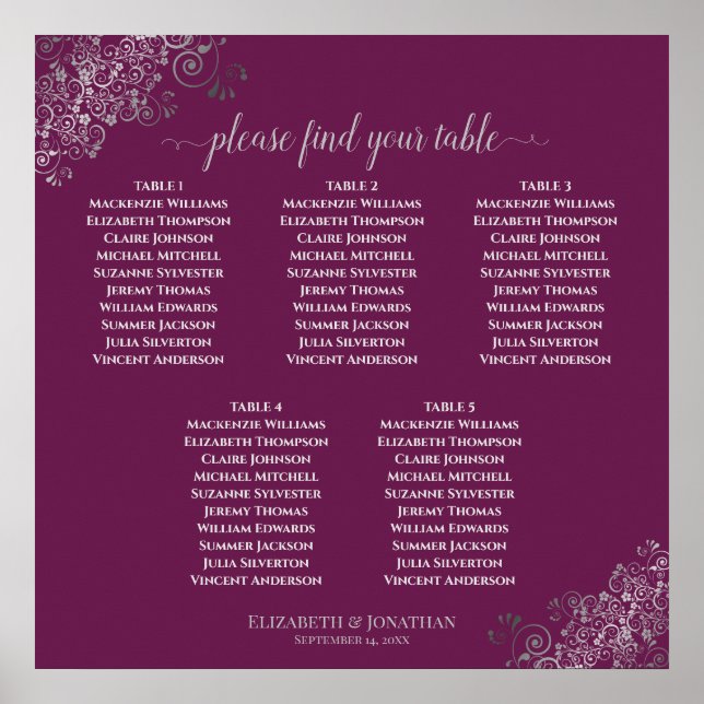 5 Table Magenta Plum & Silver Seating Chart (Front)