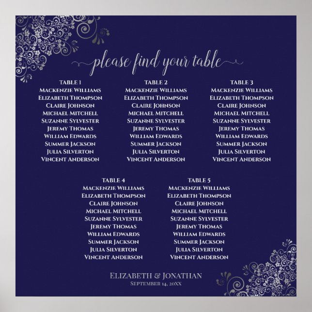 5 Table Navy Blue & Silver Wedding Seating Chart (Front)