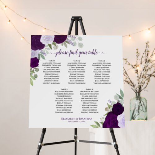 5 Table Purple Boho Roses Wedding Seating Chart Foam Board