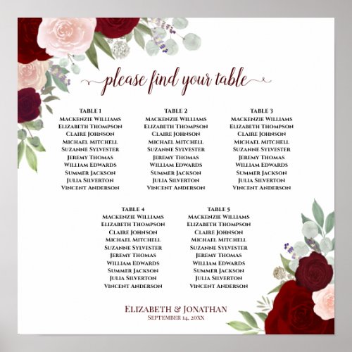 5 Table Red  Pink Floral Wedding Seating Chart