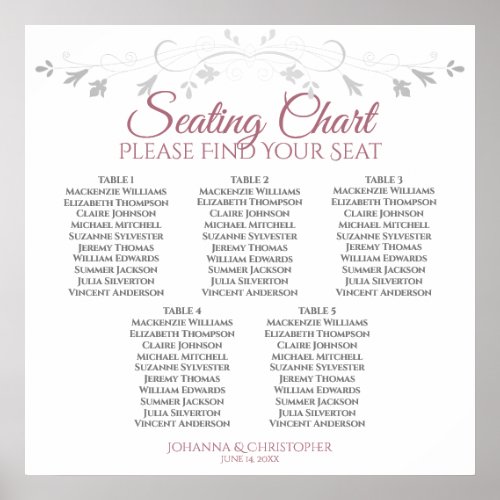 5 Table Rose  White Elegant Wedding Seating Chart