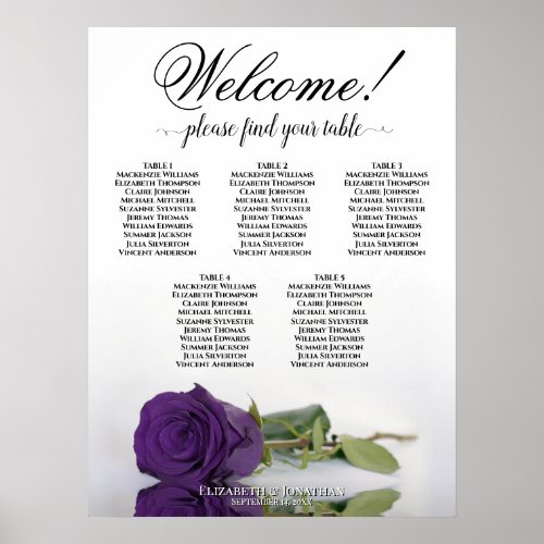5 Table Royal Purple Rose Wedding Seating Chart