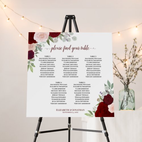 5 Table Seating Chart Burgundy Red  Pink Roses Foam Board