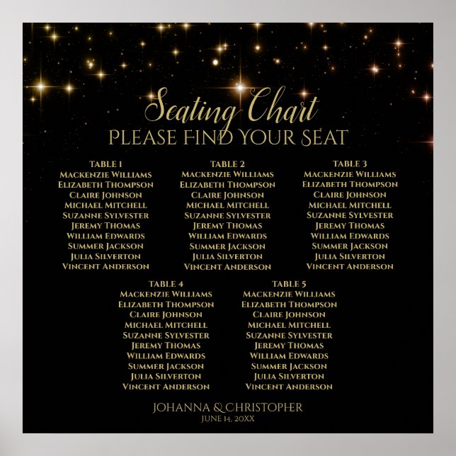 5 Table Shimmering Sparkles Wedding Seating Chart (Front)
