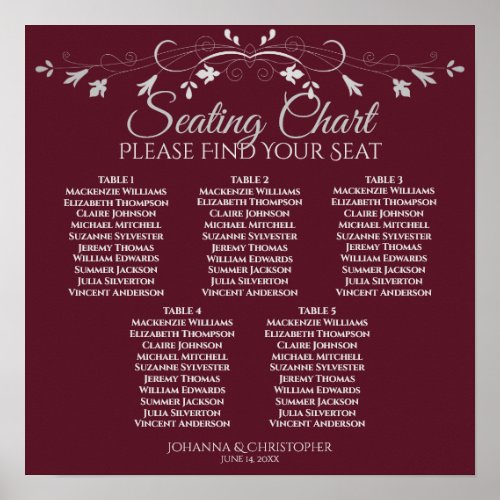 5 Table Silver  Burgundy Wedding Seating Chart