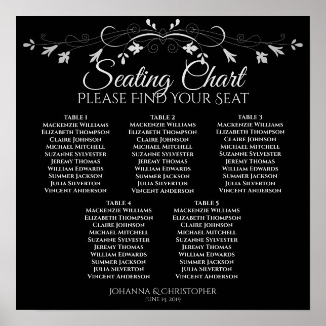 5 Table Silver Floral Black Wedding Seating Chart (Front)