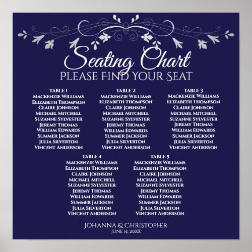 5 Table Silver Floral Navy Wedding Seating Chart