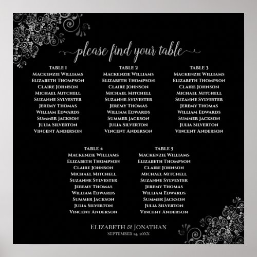 5 Table Silver Frills Black Wedding Seating Chart