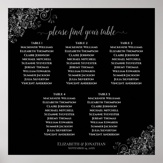 5 Table Silver Frills Black Wedding Seating Chart (Front)