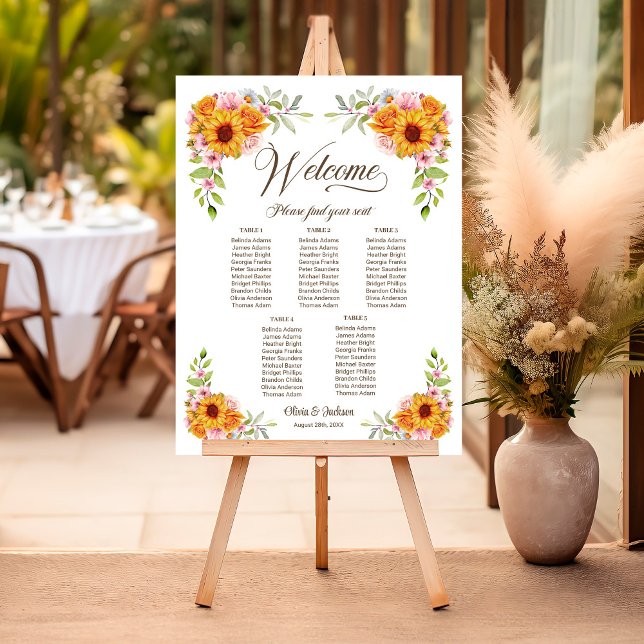 5 Table Sunflower Rose Wedding Seating Chart Foam Board (Creator Uploaded)