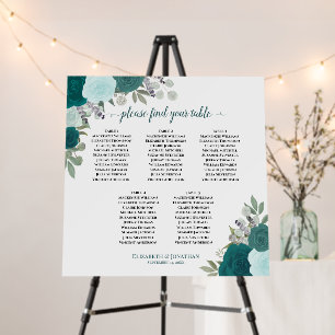 5 Table Teal Boho Roses Wedding Seating Chart Foam Board