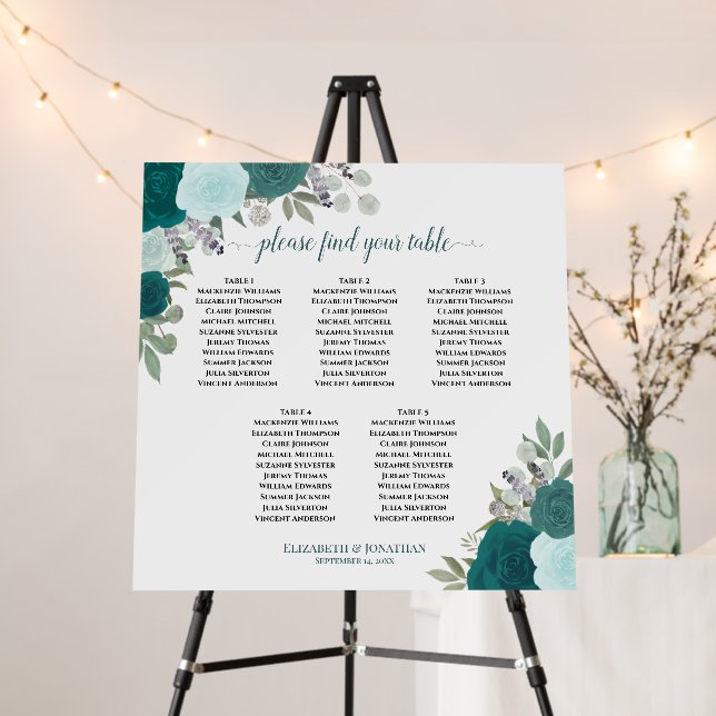 5 Table Teal Boho Roses Wedding Seating Chart Foam Board (In Situ (Stand))