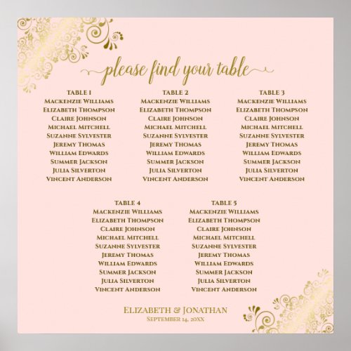 5 Table Wedding Seating Chart Blush Pink  Gold