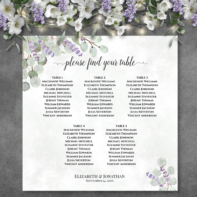 5 Table Wedding Seating Chart Eucalyptus Lavender (In Situ on Wall with Decor)