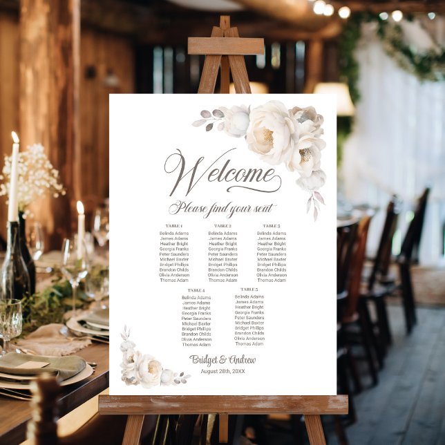 5 Table White Floral Wedding Seating Chart Foam Board (Creator Uploaded)