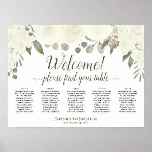 5 Table White Roses Welcome Seating Chart