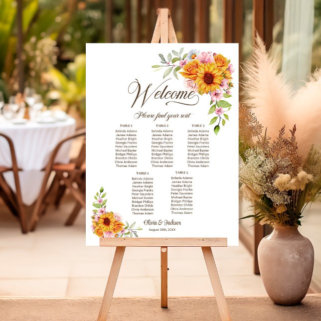 5 Table Yellow Pink Rose Wedding Seating Chart Foam Board (Creator Uploaded)