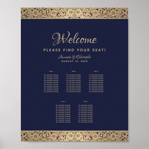 5 Tables Navy Blue Wedding Seating Chart Gold Rose