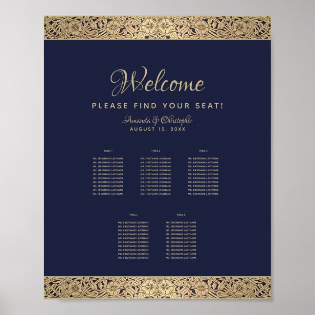 5 Tables Navy Blue Wedding Seating Chart Gold Rose (Front)