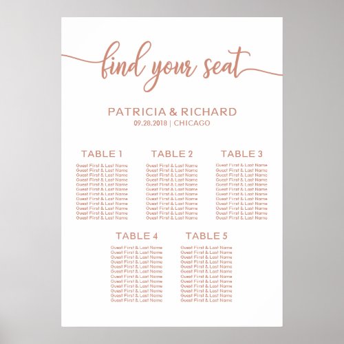 5 Tables Rose Gold Wedding Seating Chart Sign
