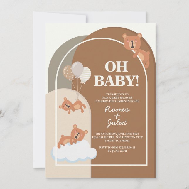 5"x7" Baby Shower Teddy Bear Neutral Colors Invite (Front)