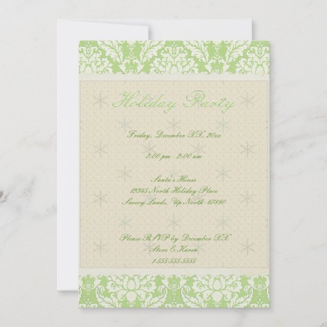 5"x7" Green Damask Holiday Party Invite (Front)