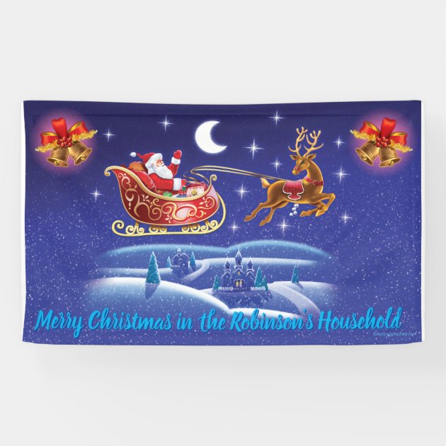 5' x 3' Blue Merry Christmas Flag Santa on Sleigh Snow Xmas Banner Party Banner 