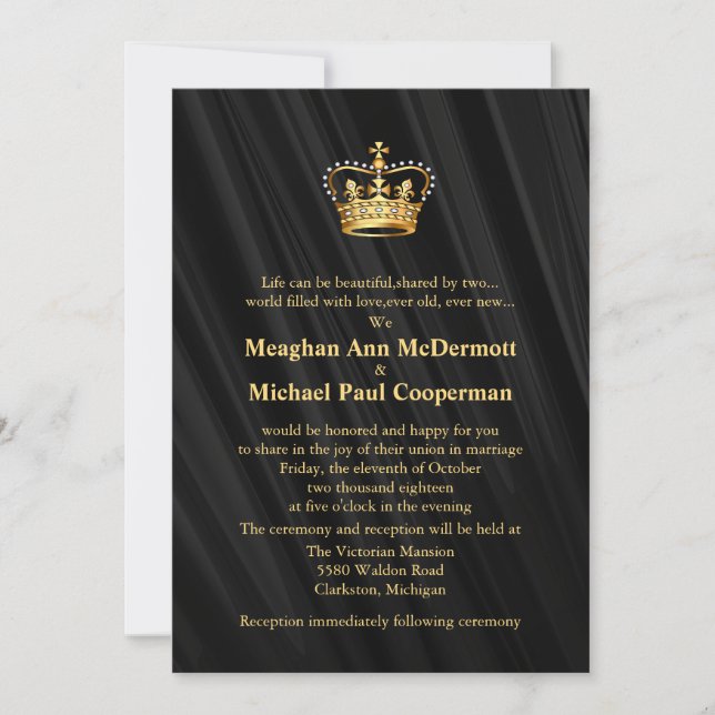 5" x 7" Abstract Black Silk Satin Crown Invitation (Front)