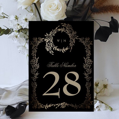 5 x 7 Black Gold Ebony Wreath Wedding Table Number