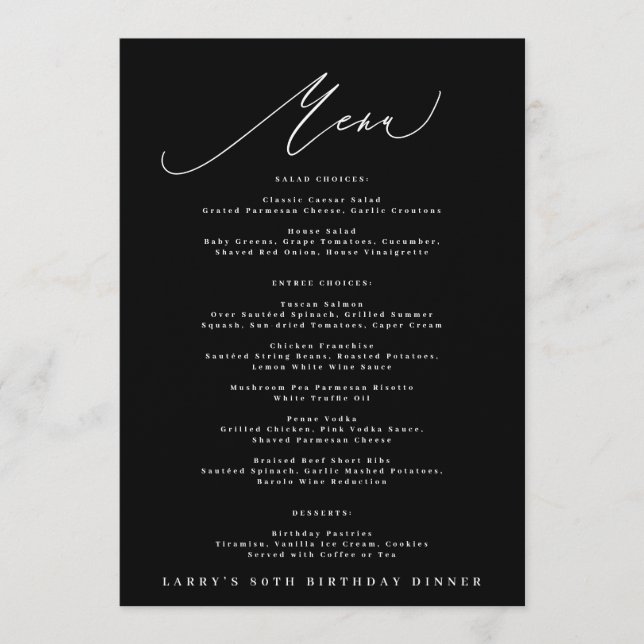 5 x 7 Elegant Black White Calligraphy Birthday Menu (Front)