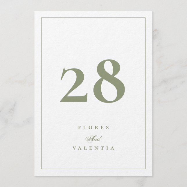 5 x 7 Elegant Moss Green Wedding Table Numbers (Front)