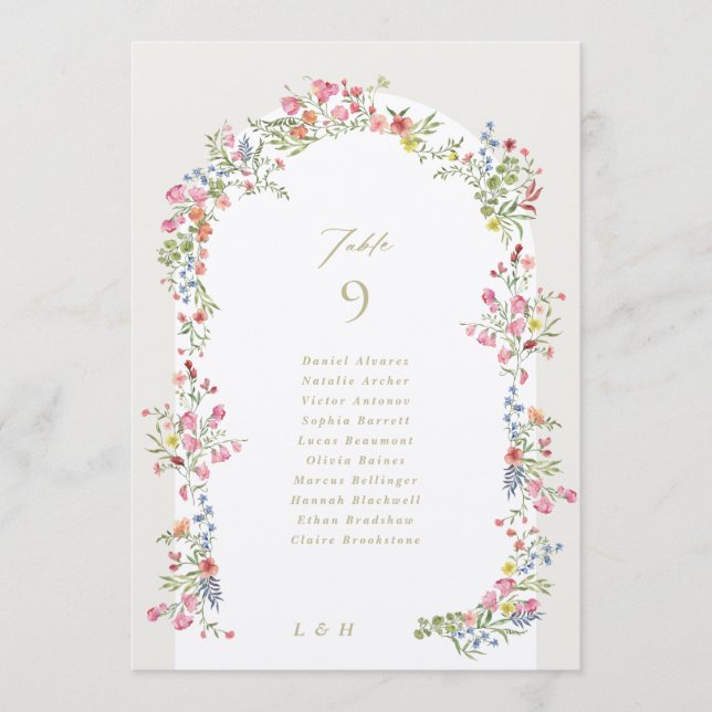 5 X 7 floral arch Guest Names Wedding Table Number (Front)