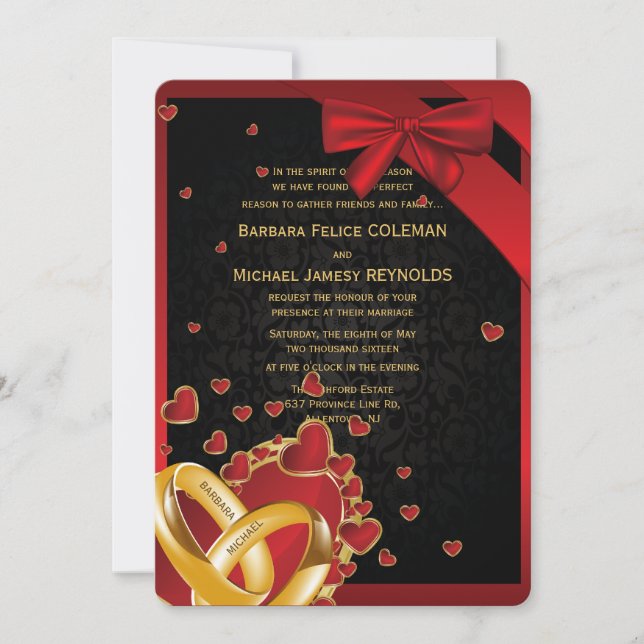 5" x 7" Luxury Modern Golden Rings Hearts Black Invitation (Front)