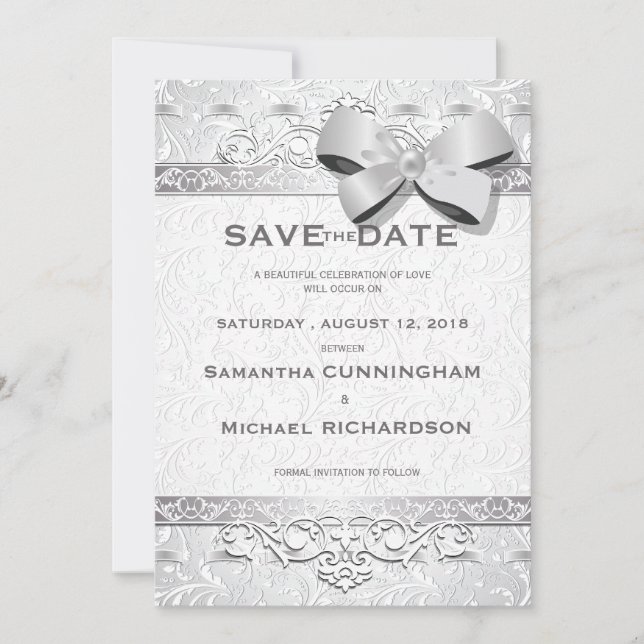 5" x 7" Modern Silver Floral Damask Bow Save The Date (Front)