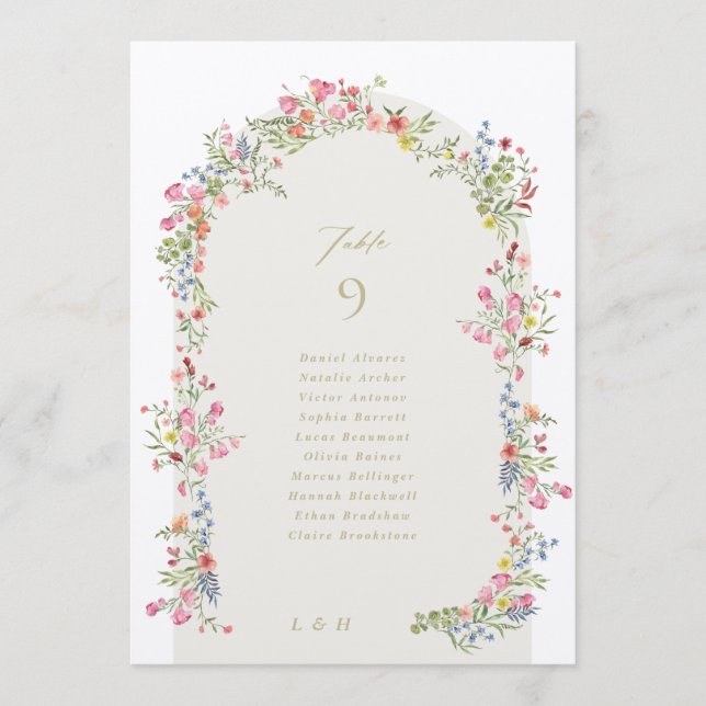5 X 7 spring floral arch Guest Names Table Number (Front)