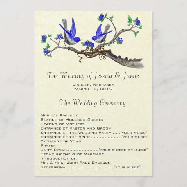 5 x 7 Vintage bluebirds Wedding Program (Front)