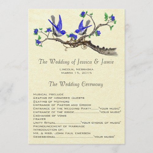 5 x 7 Vintage bluebirds Wedding Program